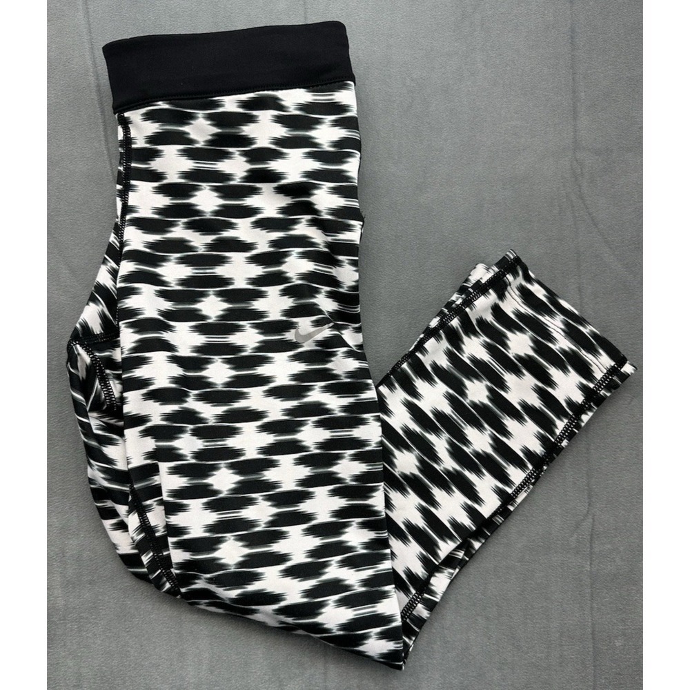 Nike Dri Fit Womens Small Active Cropped Leggings Geometric Black White Bottoms